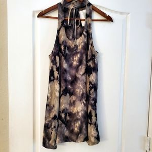 Olivaceous Camo Tie Dye Blue purple Sage sleeveless dress tie neck S NWT